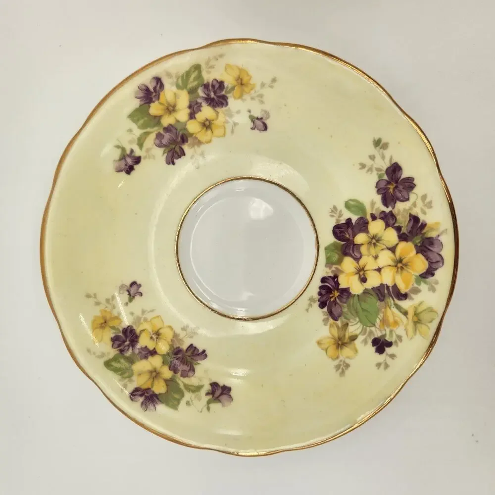 Footed Teacup & Saucer Clarence Bone China England Purple &‎ Yellow Violets Gold